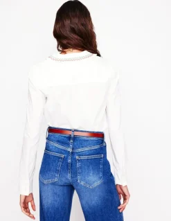 Smocked Neck Shirt-White, Multi Stitching-Boden Sale