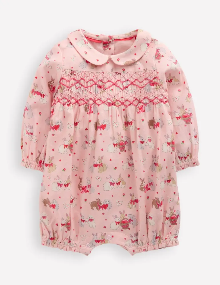 Smocked Romper-Pink Love Bunnies-Boden Fashion