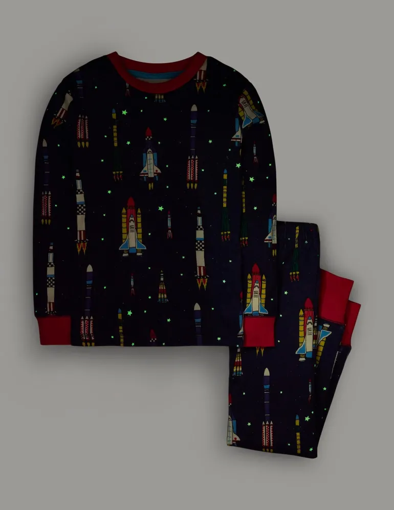 Snug Glow-In-The-Dark Pajamas-Starboard Blue Rockets-Boden Best