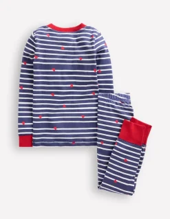 Snug Long John Pajamas-Navy Breton with Tiny Hearts-Boden Store
