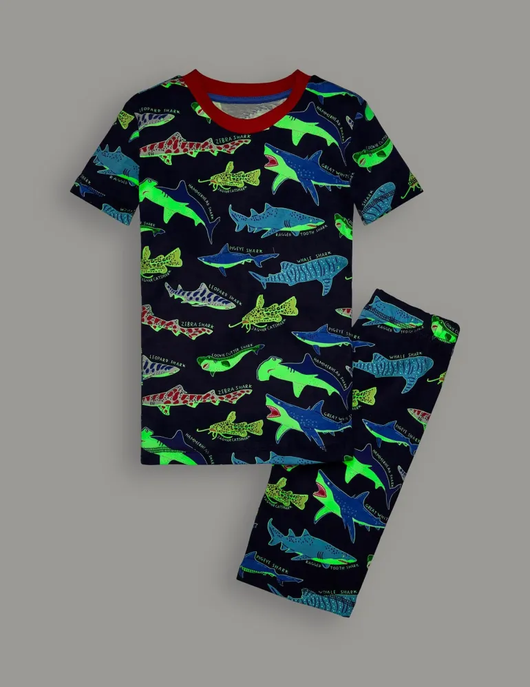 Snug Short John Glow Pyjamas-College Navy Sharks-Boden Fashion