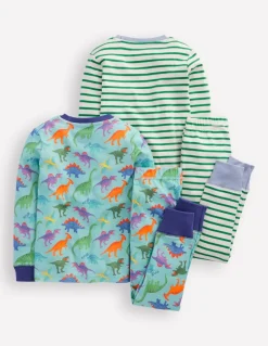 Snug Twin Pack Pajamas-Blue Dinos and Green Stripe-Boden Hot