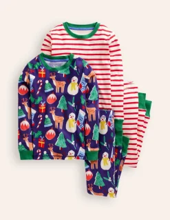 Snug Twin Pack Pajamas-Christmas Presents and Stripe-Boden Best