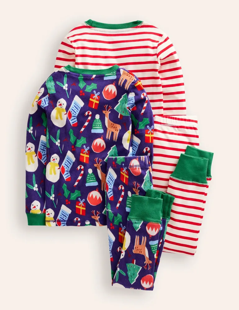 Snug Twin Pack Pajamas-Christmas Presents and Stripe-Boden Best