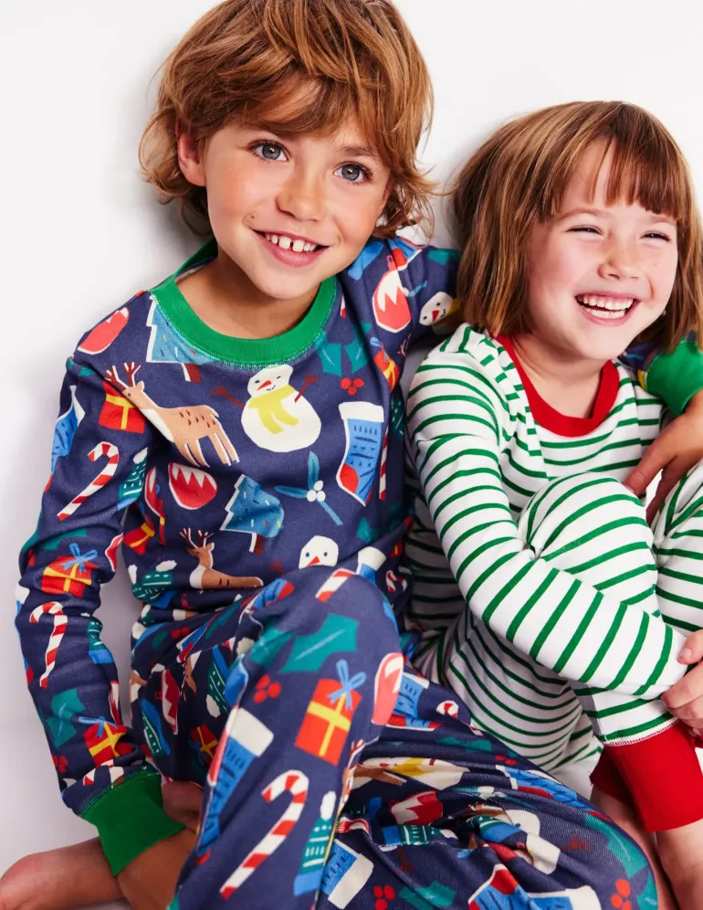 Snug Twin Pack Pajamas-Christmas Presents and Stripe-Boden Best