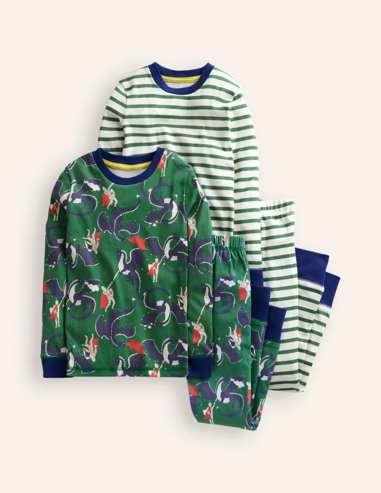 Snug Twin Pack Pajamas-Green Dragon and Stripe-Boden Best Sale
