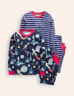 Snug Twin Pack Pajamas-Grey Space and Navy Stripe-Boden Sale