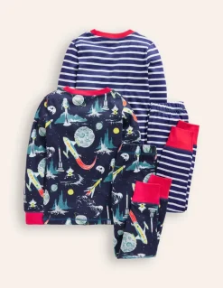 Snug Twin Pack Pajamas-Grey Space and Navy Stripe-Boden Sale
