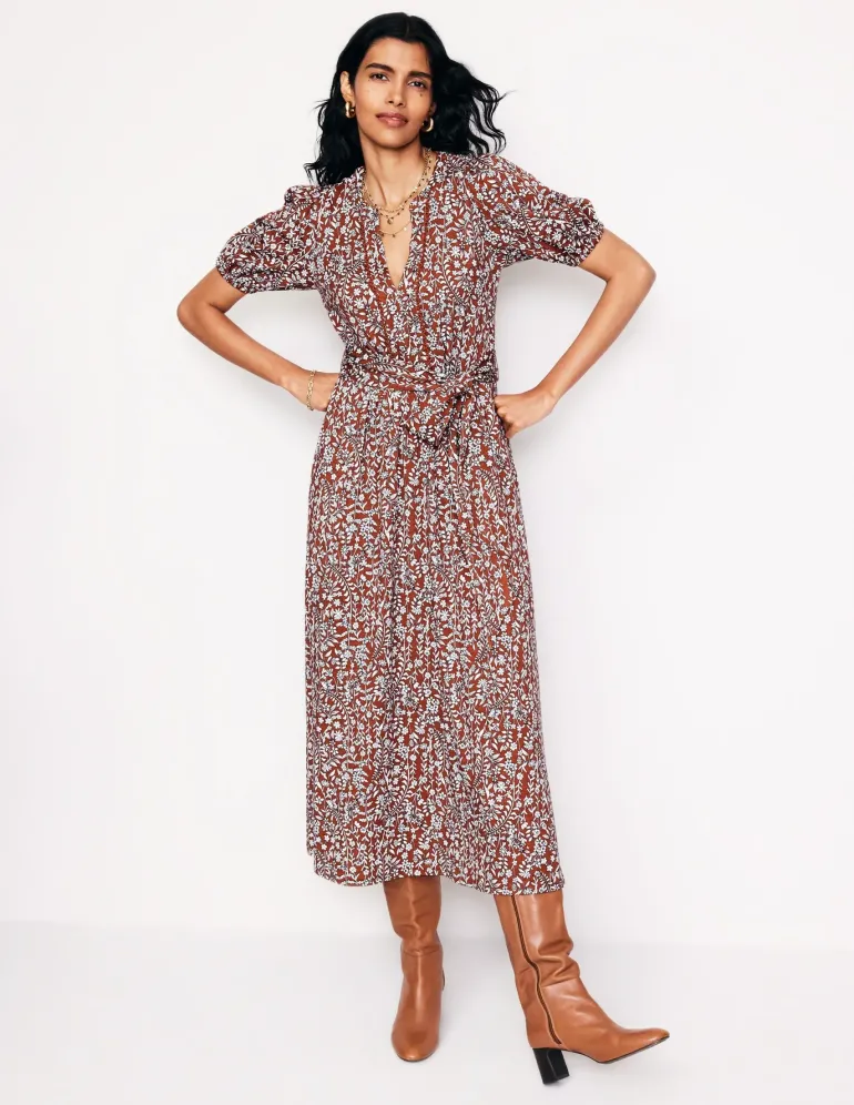 Sofia Trim jersey midi dress-Autumn Brown, Foliage Bud-Boden Shop