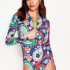 Sporty Raglan Sleeve Swimsuit-Multi, Meadow Paisley-Boden Clearance