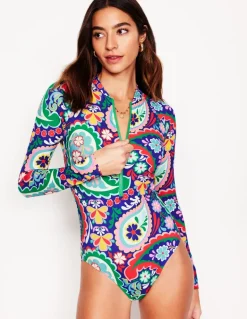 Sporty Raglan Sleeve Swimsuit-Multi, Meadow Paisley-Boden Clearance