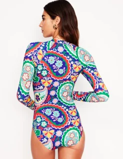 Sporty Raglan Sleeve Swimsuit-Multi, Meadow Paisley-Boden Clearance