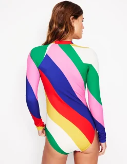 Sporty Raglan Sleeve Swimsuit-Multi, Rainbow Cascade-Boden New