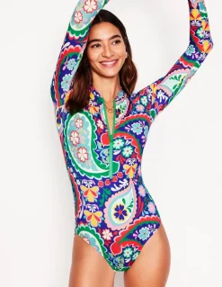 Sporty Raglan Sleeve Swimsuit-Multi, Meadow Paisley-Boden Clearance
