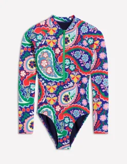 Sporty Raglan Sleeve Swimsuit-Multi, Meadow Paisley-Boden Clearance