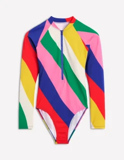 Sporty Raglan Sleeve Swimsuit-Multi, Rainbow Cascade-Boden New