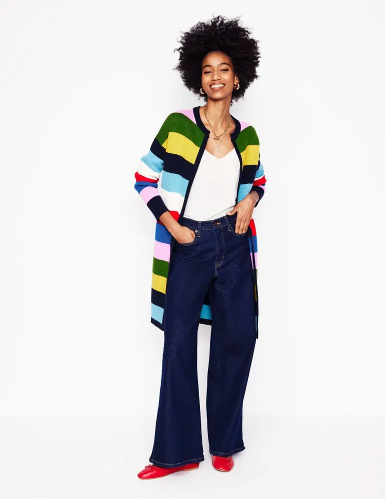 Striped Cotton-Blend Coatigan-Poppy Red, Blue Multi-Boden Best