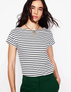 Supersoft Boat Neck T-Shirt-Ivory, Navy Stripe-Boden Hot