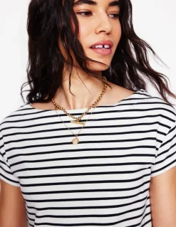 Supersoft Boat Neck T-Shirt-Ivory, Navy Stripe-Boden Hot