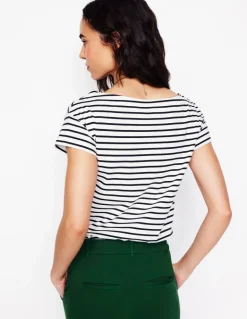 Supersoft Boat Neck T-Shirt-Ivory, Navy Stripe-Boden Hot