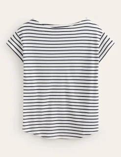 Supersoft Boat Neck T-Shirt-Ivory, Navy Stripe-Boden Hot