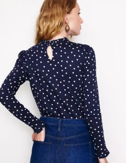 Supersoft Frill Detail Top-French Navy, Sparse Spot-Boden Fashion