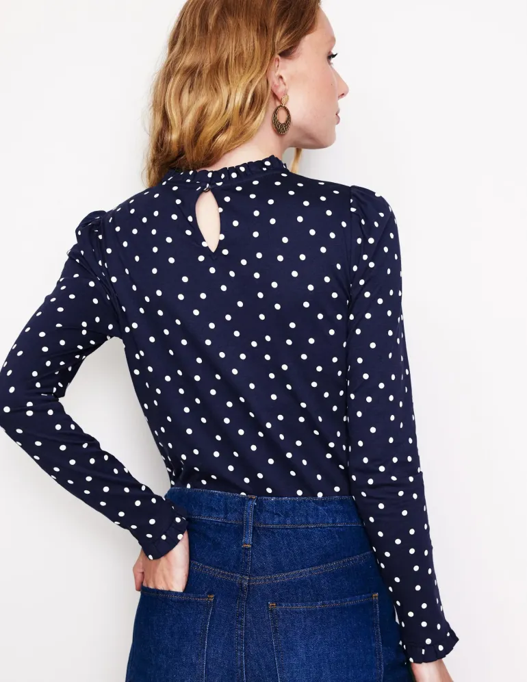 Supersoft Frill Detail Top-French Navy, Sparse Spot-Boden Fashion