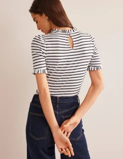 Supersoft Frill Detail T-shirt-Ivory, Navy Stripe-Boden Discount