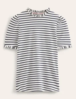 Supersoft Frill Detail T-shirt-Ivory, Navy Stripe-Boden Discount