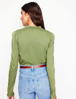 Supersoft Frill Henley Top-Larch Green-Boden New
