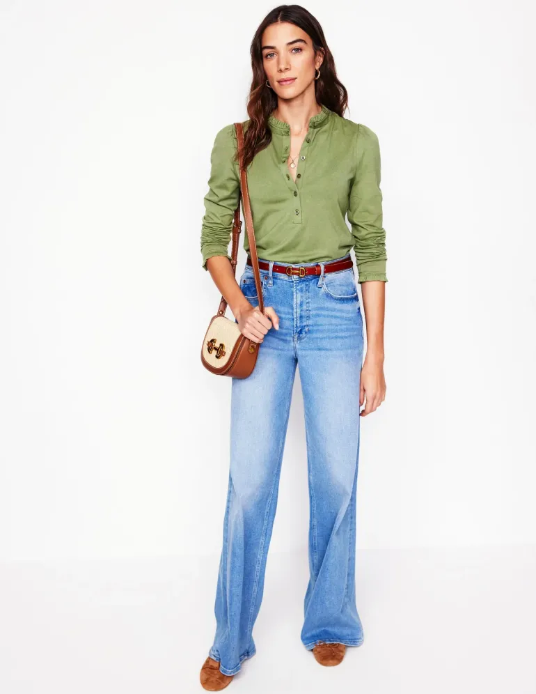 Supersoft Frill Henley Top-Larch Green-Boden New