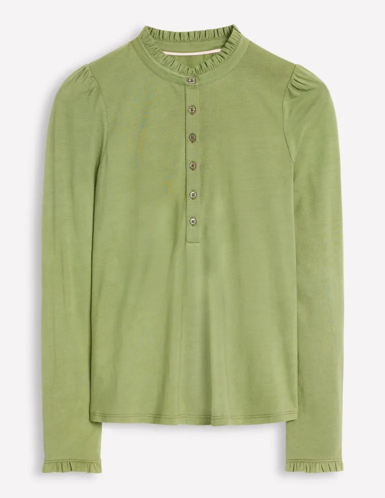Supersoft Frill Henley Top-Larch Green-Boden New
