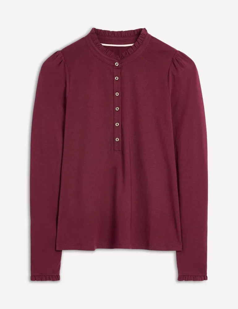 Supersoft Frill Henley Top-Deep Wisteria-Boden Outlet