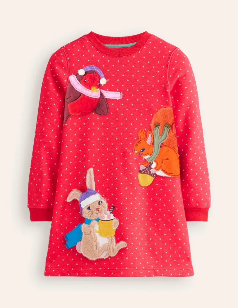 Sweatshirt Appliqué Dress-Rose Pink Pin Spot Animals-Boden Discount
