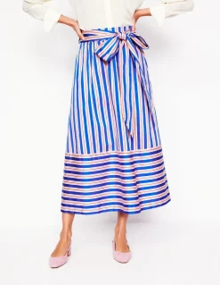 Tie Belt Sateen Midi Skirt-Blue and Terracotta Stripe-Boden Discount