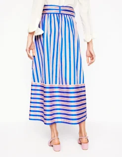 Tie Belt Sateen Midi Skirt-Blue and Terracotta Stripe-Boden Discount