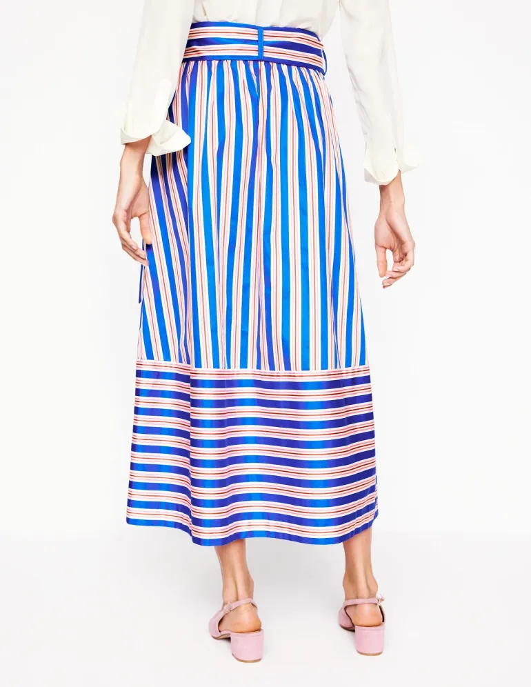 Tie Belt Sateen Midi Skirt-Blue and Terracotta Stripe-Boden Discount