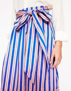 Tie Belt Sateen Midi Skirt-Blue and Terracotta Stripe-Boden Discount