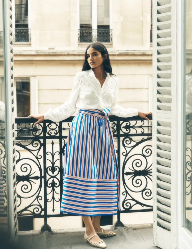 Tie Belt Sateen Midi Skirt-Blue and Terracotta Stripe-Boden Discount
