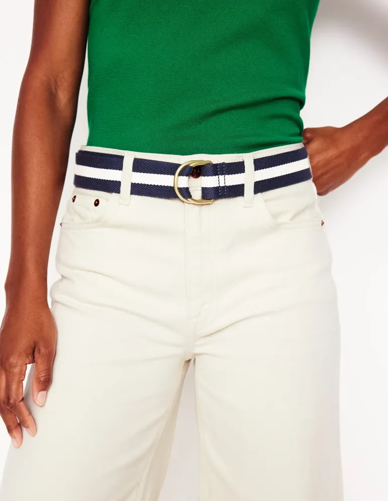 Webbing D-Ring Belt-Navy and Ivory-Boden Fashion
