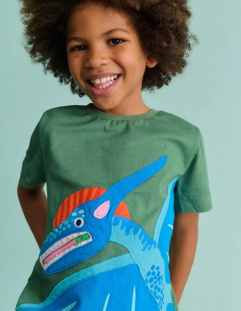 Zipper Applique T-Shirt-Newt Green Dinosaur-Boden Fashion